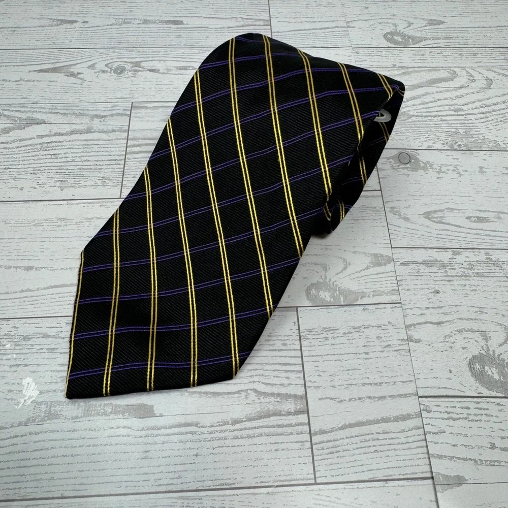 Ralph Lauren Lauren Necktie Black Gold Purple Stripe Silk Blend Men Formal